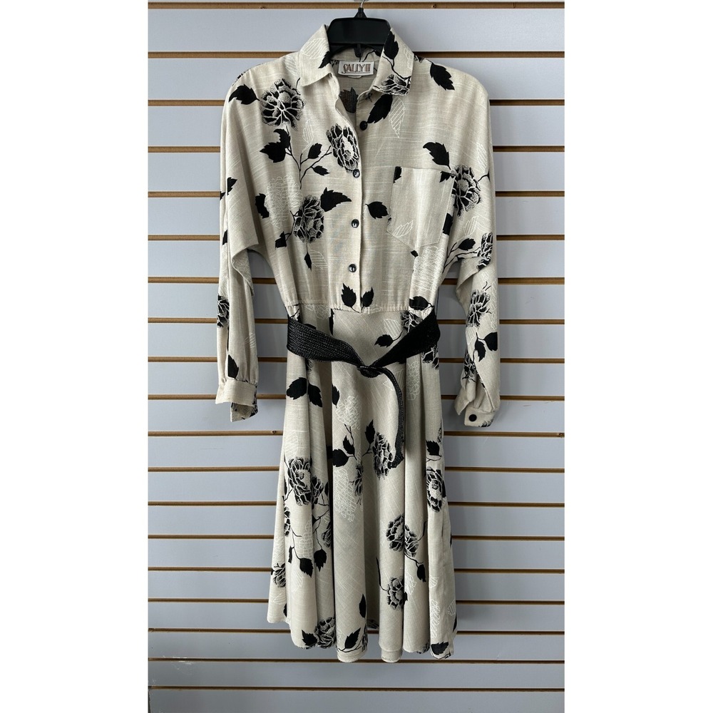 Vintage Sally III Womens Size 8 Tan Bold‎ Floral Black Belted Day Dress Spring